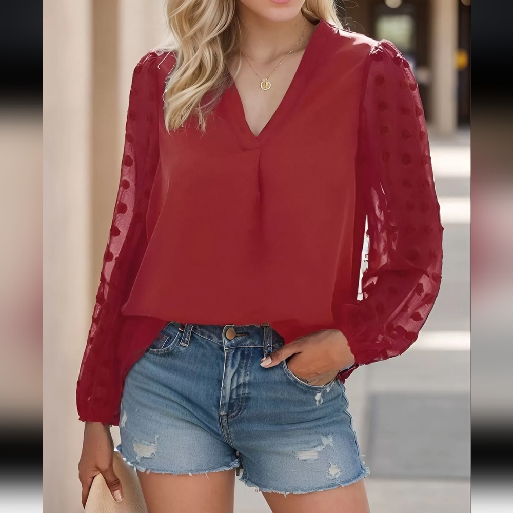 ❤️Elegant Red Blouse with Sheer Swiss Dot Sleeves 🌺Offers Welcome🌺 - Picture 3 of 9